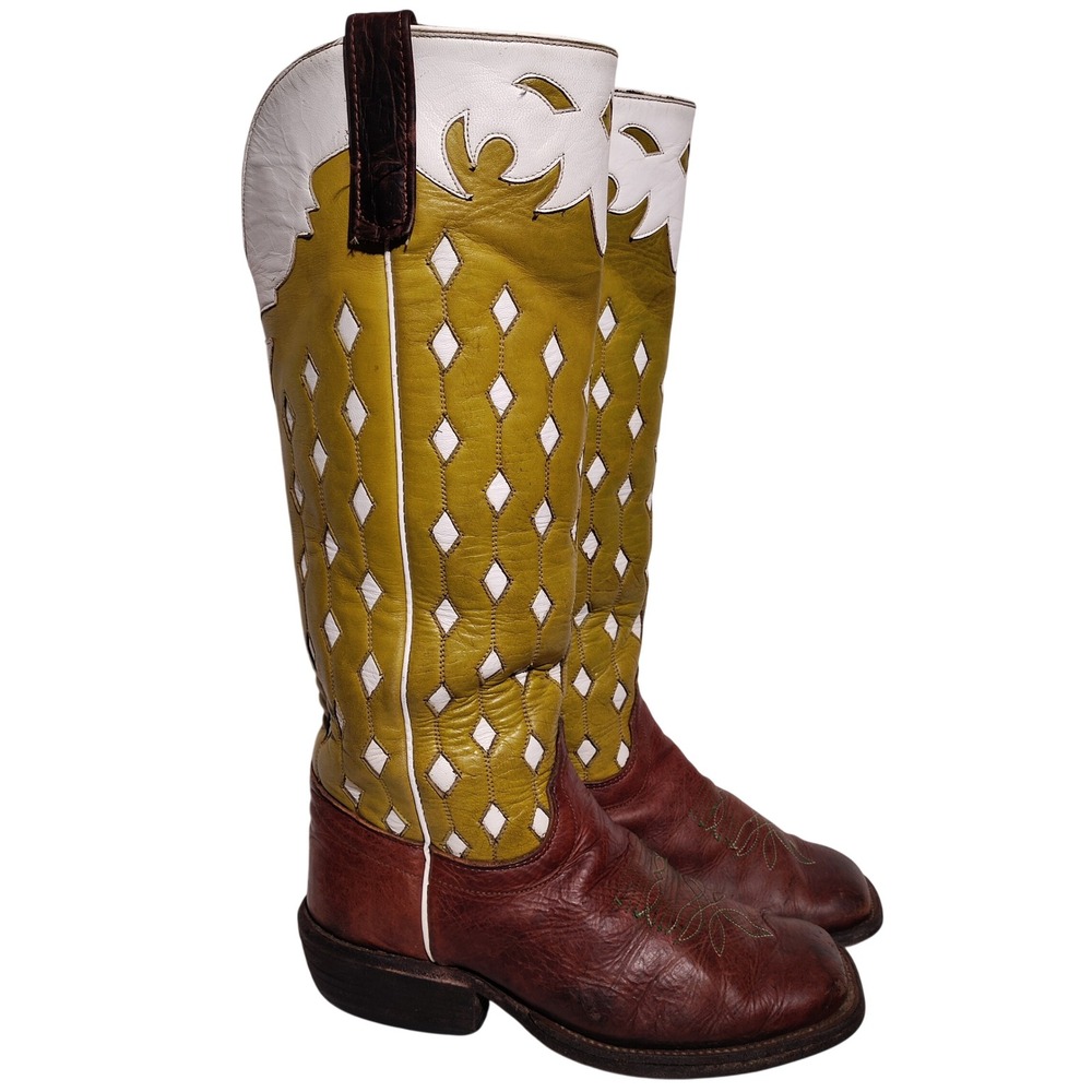 Olathe 8012 Mens 8E Brown Green White Leather Diamond Western Boots - Imperfect